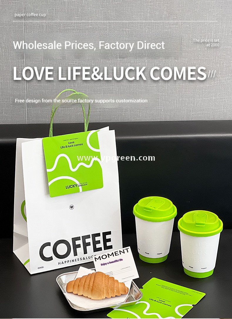 420ml Deep Embossed Coffee Cup with Fluorescent Green Lid + COFFEE Tote Bag – Double PE Lined Hot & Cold Cup Wholesale