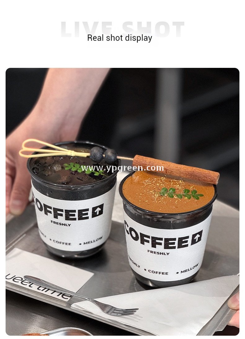 Disposable 400ml PET Cold Drink Cup + U-Shaped Lid + Foaming Lock Sleeve for Takeaway Factory