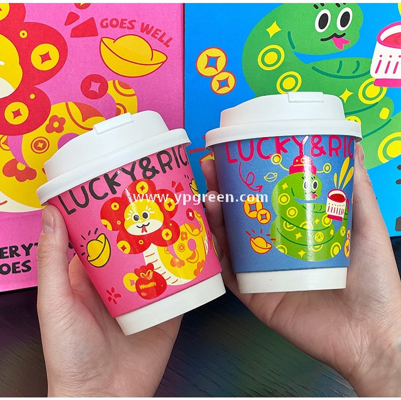 Chinese New Year Snake Design Paper Cups with Lids | Takeaway Coffee & Milk Tea Cups | Festive To-Go Carrier Packaging