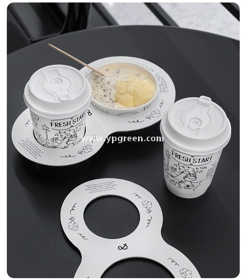 Dual Holder for Yogurt Coffee Packaging 12oz Paper Cup + Ice Cream Bowl Takeaway Set