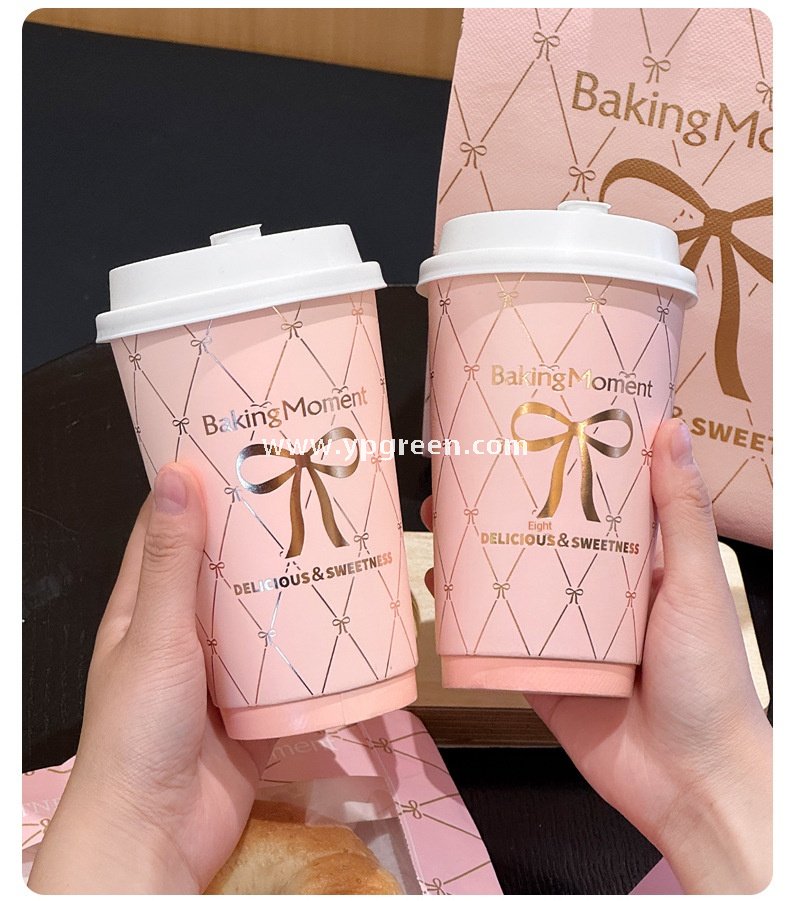 16oz Pink Bow Paper Cup –  500ml Double PE Hot & Cold Coffee Cup with Thermal Foil Non-Woven Bag Wholesale Factory
