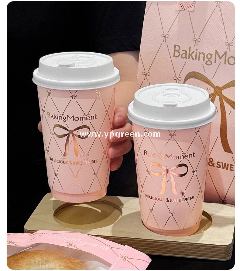 16oz Pink Bow Paper Cup –  500ml Double PE Hot & Cold Coffee Cup with Thermal Foil Non-Woven Bag Wholesale Factory