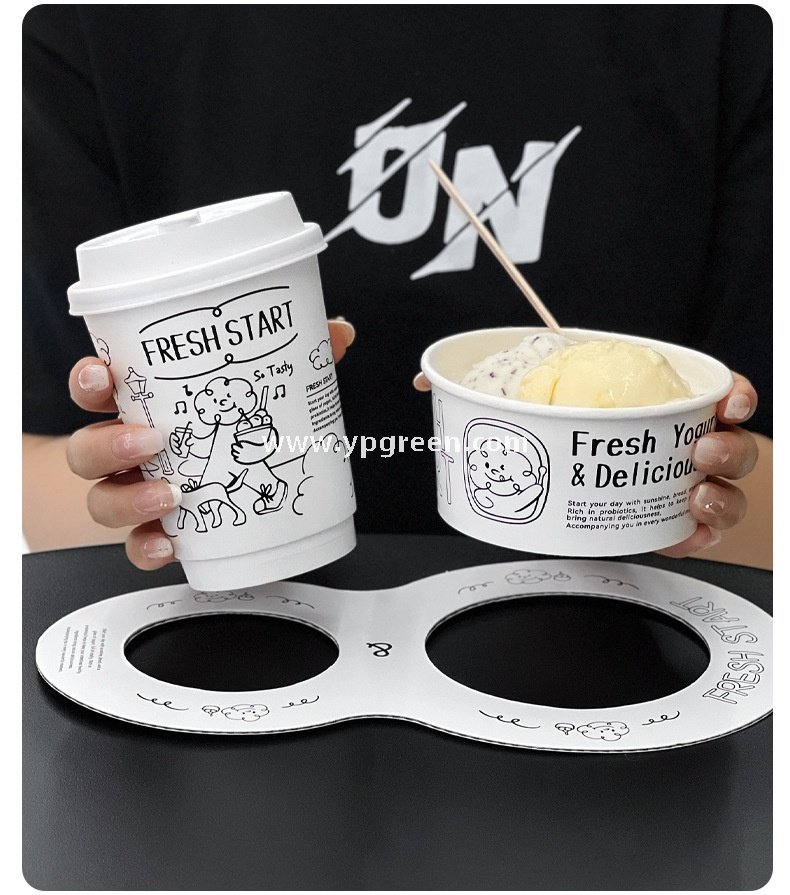 Dual Holder for Yogurt Coffee Packaging 12oz Paper Cup + Ice Cream Bowl Takeaway Set