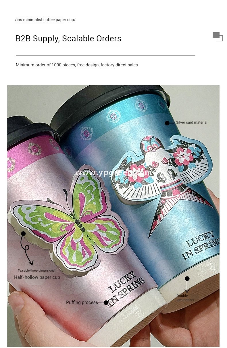 Silver Card Embossed Paper Cup | Tearable 3D Semi-Cut Sleeve with Butterfly & Blue Kite Design | Double-Laminated Hot & Cold Cup