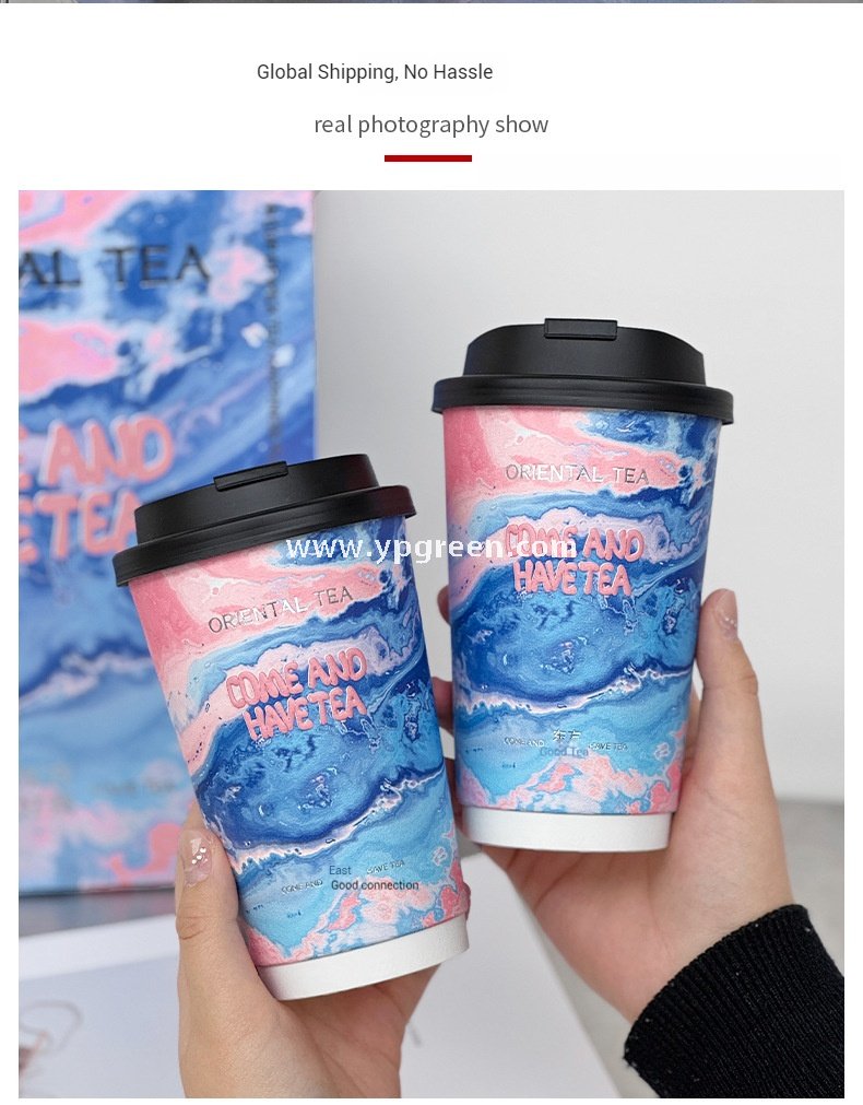 16oz Ocean Painting Style Embossed Hollow Coffee Paper Cups – 480ml Double Wall Milk Tea Cups Factory Wholesale