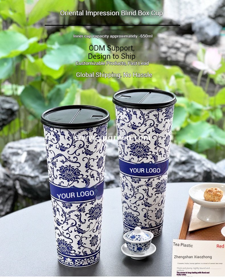 12oz/16oz/20oz Blue & White Porcelain Style Milk Tea Paper Cups with Insulated Non-Woven Aluminum Foil Bag