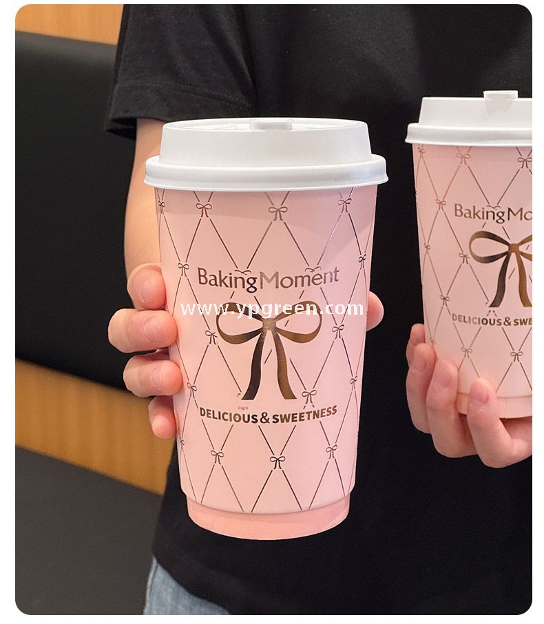 16oz Pink Bow Paper Cup –  500ml Double PE Hot & Cold Coffee Cup with Thermal Foil Non-Woven Bag Wholesale Factory
