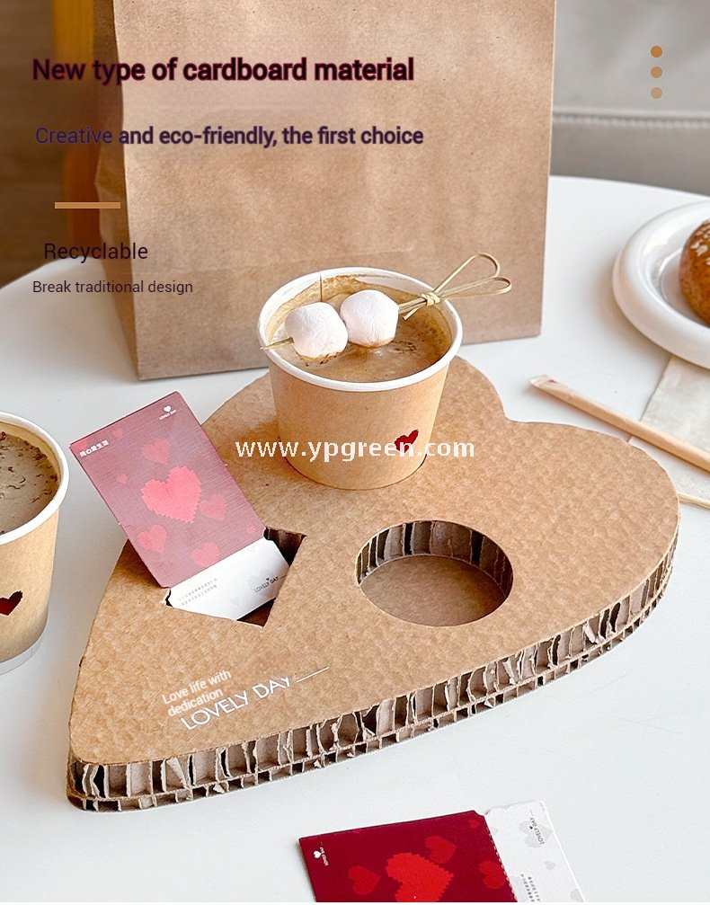Heart-Shaped Honeycomb Paper Cup Holder | Corrugated Coffee Combo Tray | Disposable Milk Tea & Exhibition Tasting Cup Display with Custom Printing