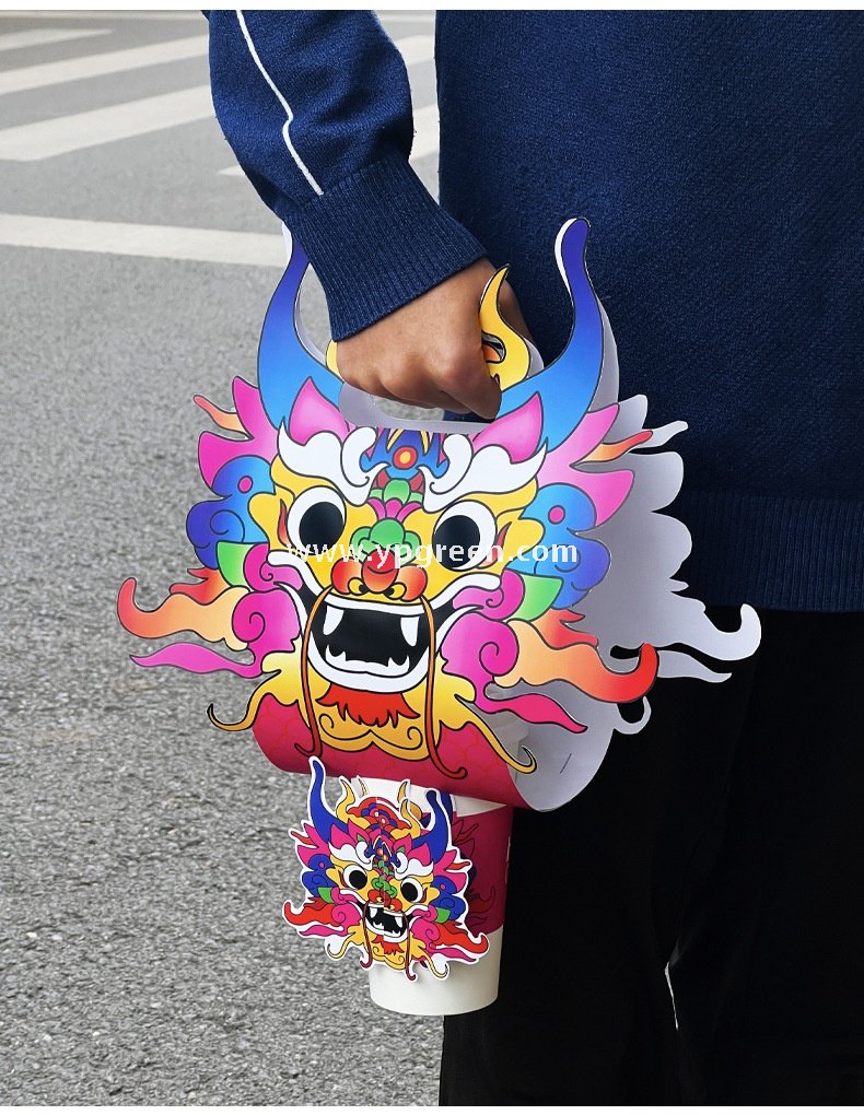 Dragon Year Guochao Cup Holder | Creative Coffee & Milk Tea Paper Cup Carrier | Disposable Trendy Cup Tray for Small Business Use