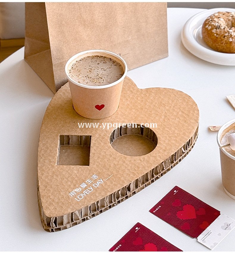 Heart-Shaped Honeycomb Paper Cup Holder | Corrugated Coffee Combo Tray | Disposable Milk Tea & Exhibition Tasting Cup Display with Custom Printing