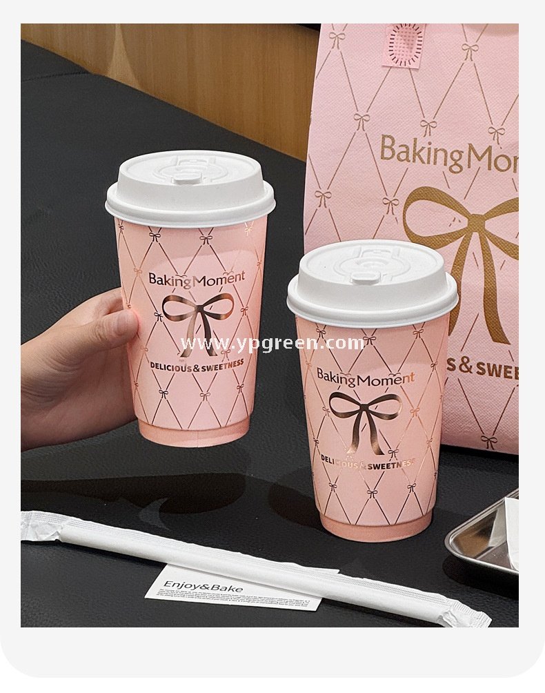 16oz Pink Bow Paper Cup –  500ml Double PE Hot & Cold Coffee Cup with Thermal Foil Non-Woven Bag Wholesale Factory