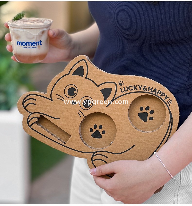 Cat Design Coffee Cup Carrier | Honeycomb Corrugated Cardboard Drink Tray Supplier