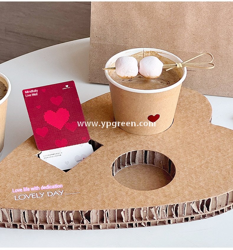 Heart-Shaped Honeycomb Paper Cup Holder | Corrugated Coffee Combo Tray | Disposable Milk Tea & Exhibition Tasting Cup Display with Custom Printing