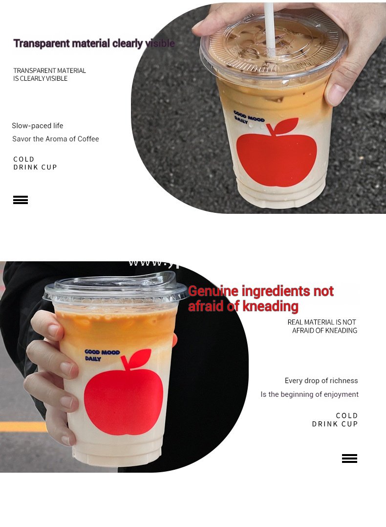 16oz Apple Pattern Clear Cup |  500ml Disposable Transparent Cup for Juice, Coffee, Milk Tea & Cold Drinks