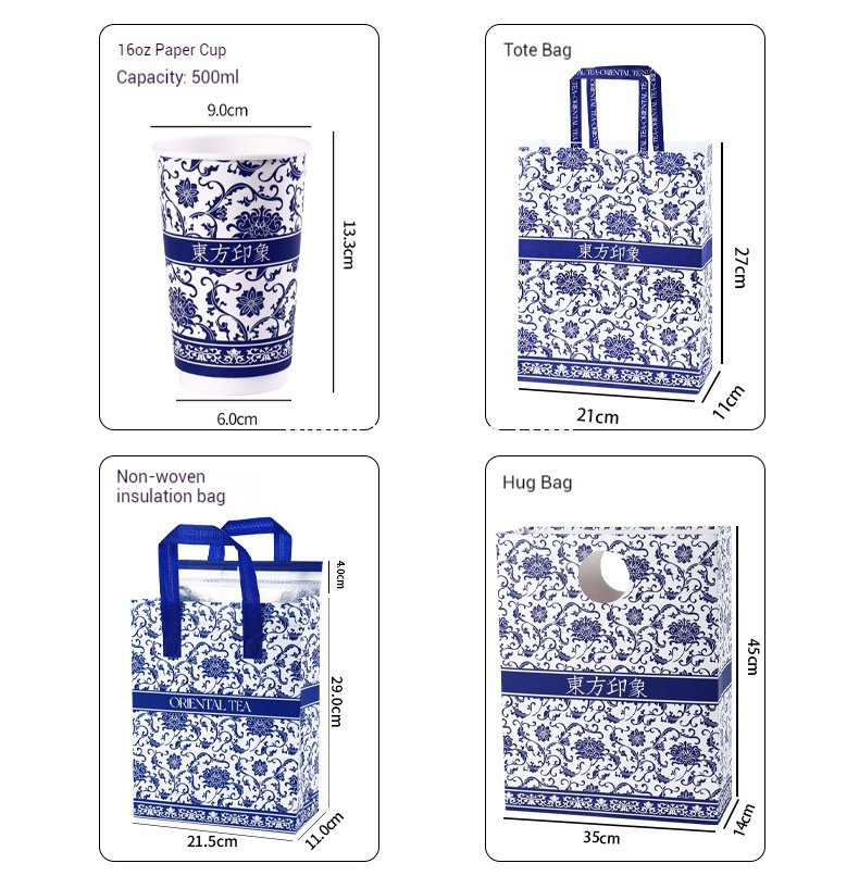 12oz/16oz/20oz Blue & White Porcelain Style Milk Tea Paper Cups with Insulated Non-Woven Aluminum Foil Bag