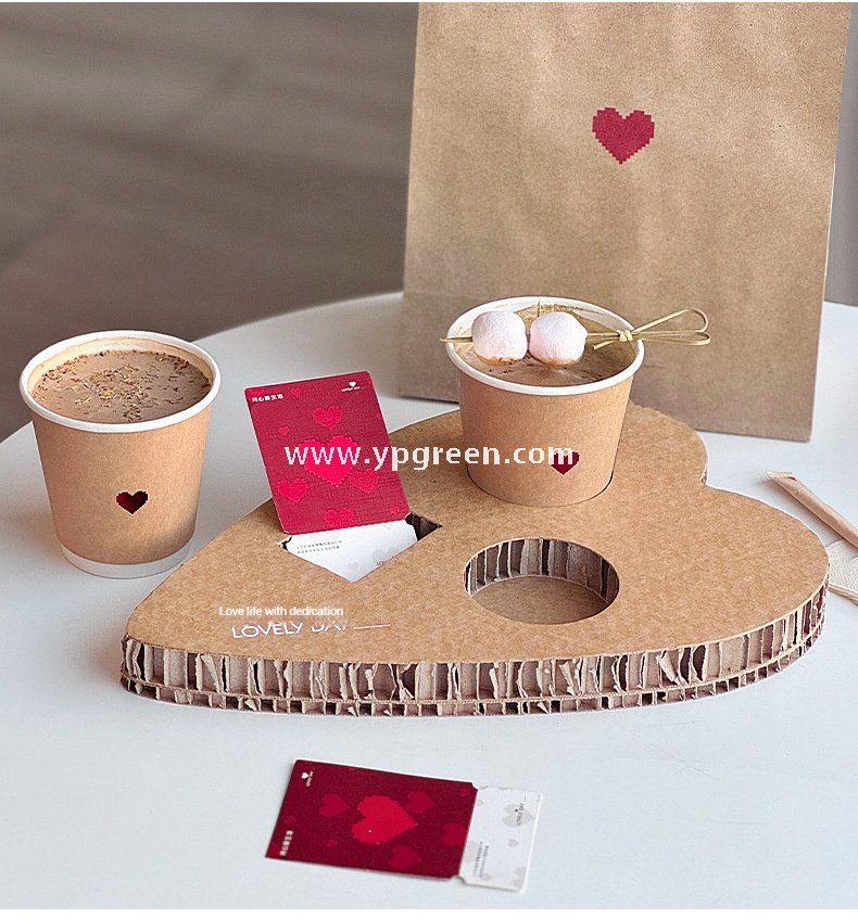 Heart-Shaped Honeycomb Paper Cup Holder | Corrugated Coffee Combo Tray | Disposable Milk Tea & Exhibition Tasting Cup Display with Custom Printing