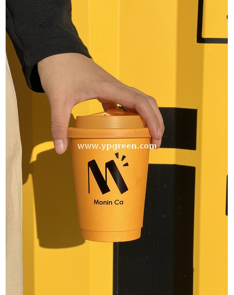 Yellow Coffee Paper Cup with Lid | Double Wall Disposable Hot Drink Cup | Anti-Scald Thickened Cup with Custom Printing