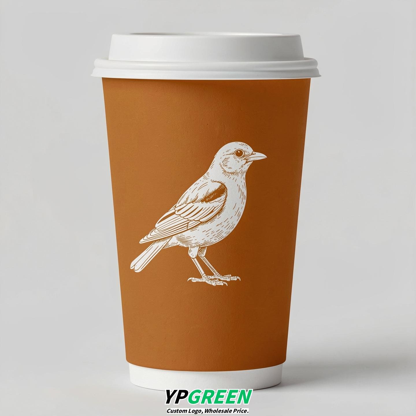 Amber Paper Cups with Bird Logo & Lids 8-24oz
