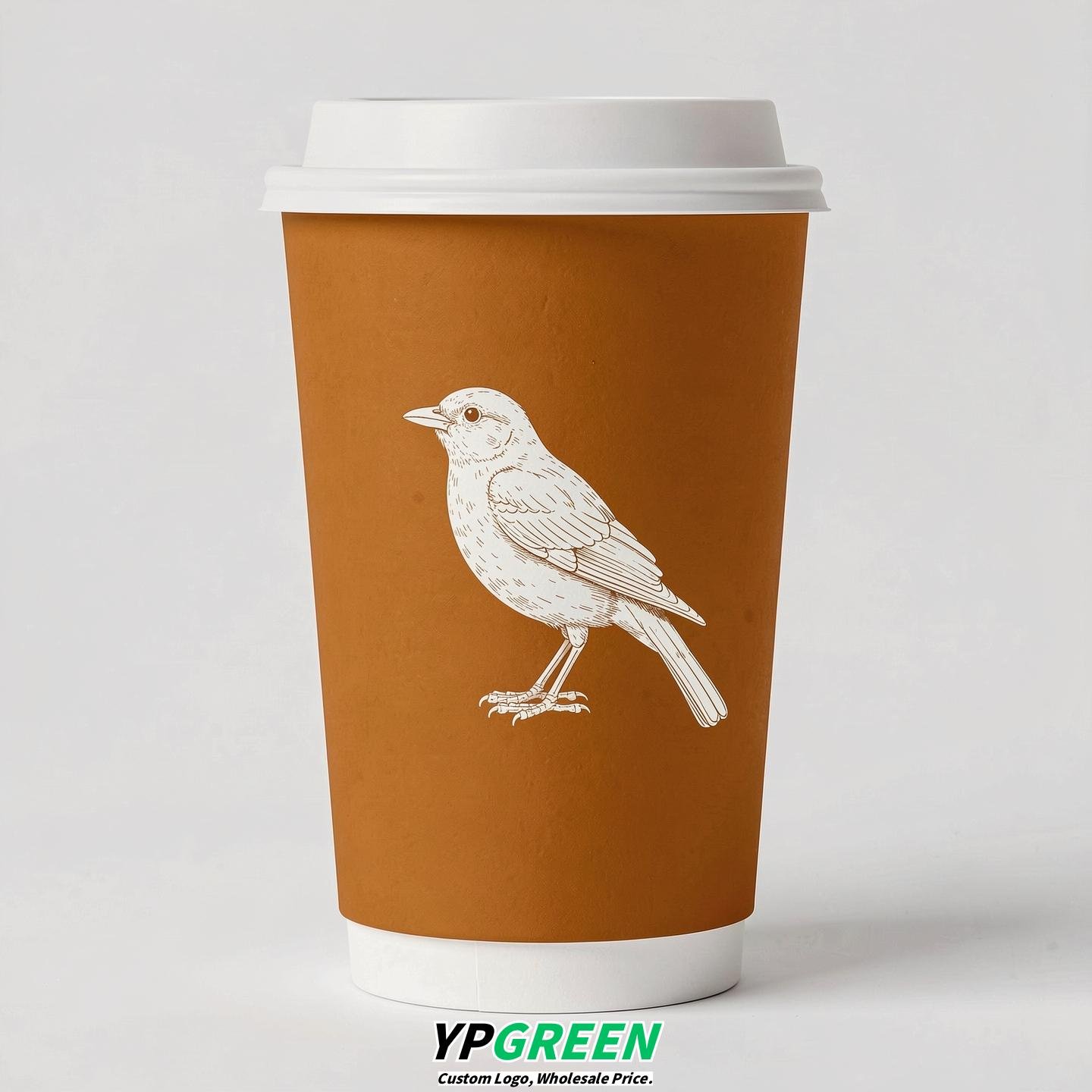 Amber Paper Cups with Bird Logo & Lids 8-24oz