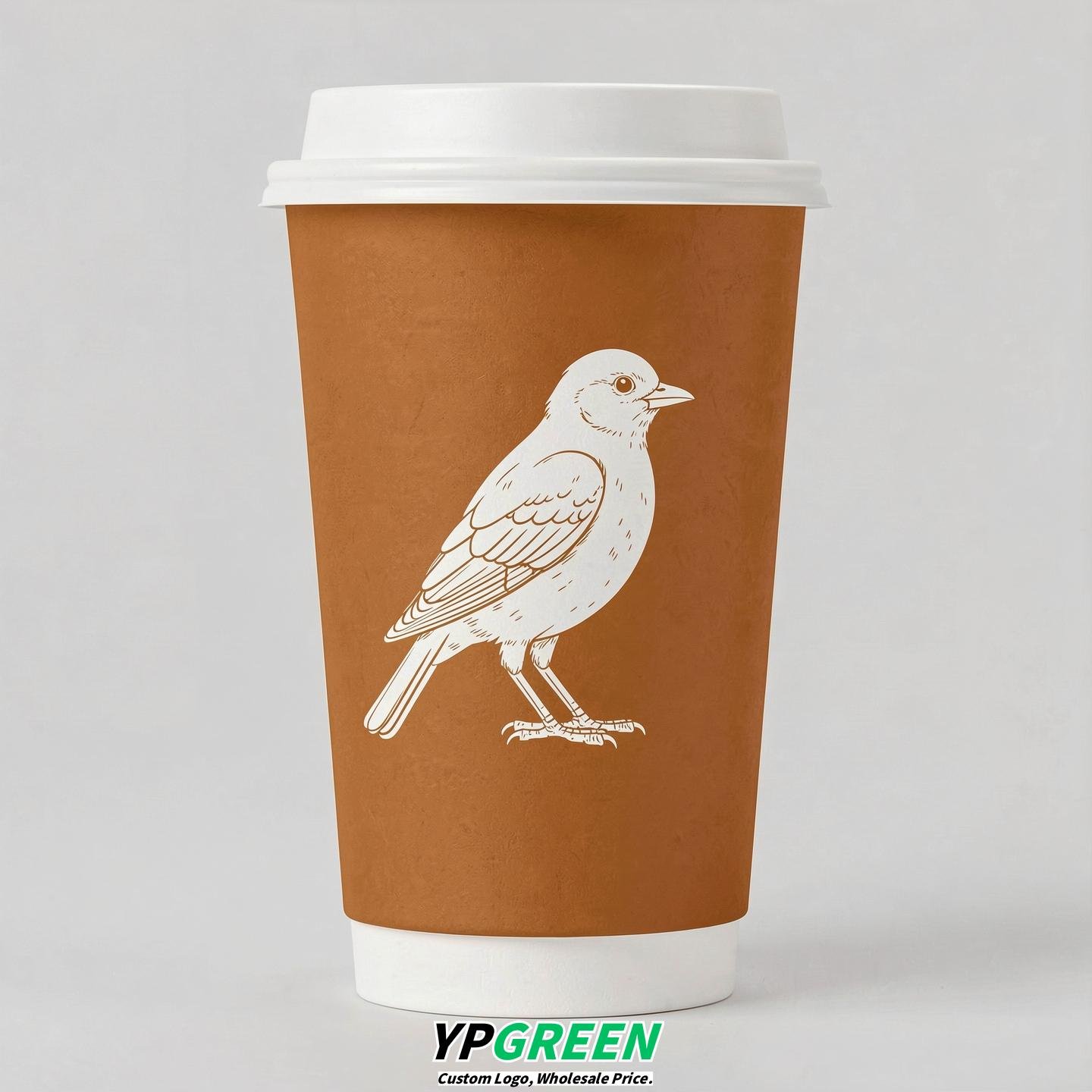 Amber Paper Cups with Bird Logo & Lids 8-24oz