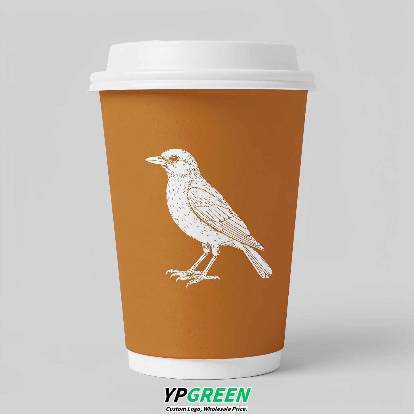 Amber Paper Cups with Bird Logo & Lids 8-24oz
