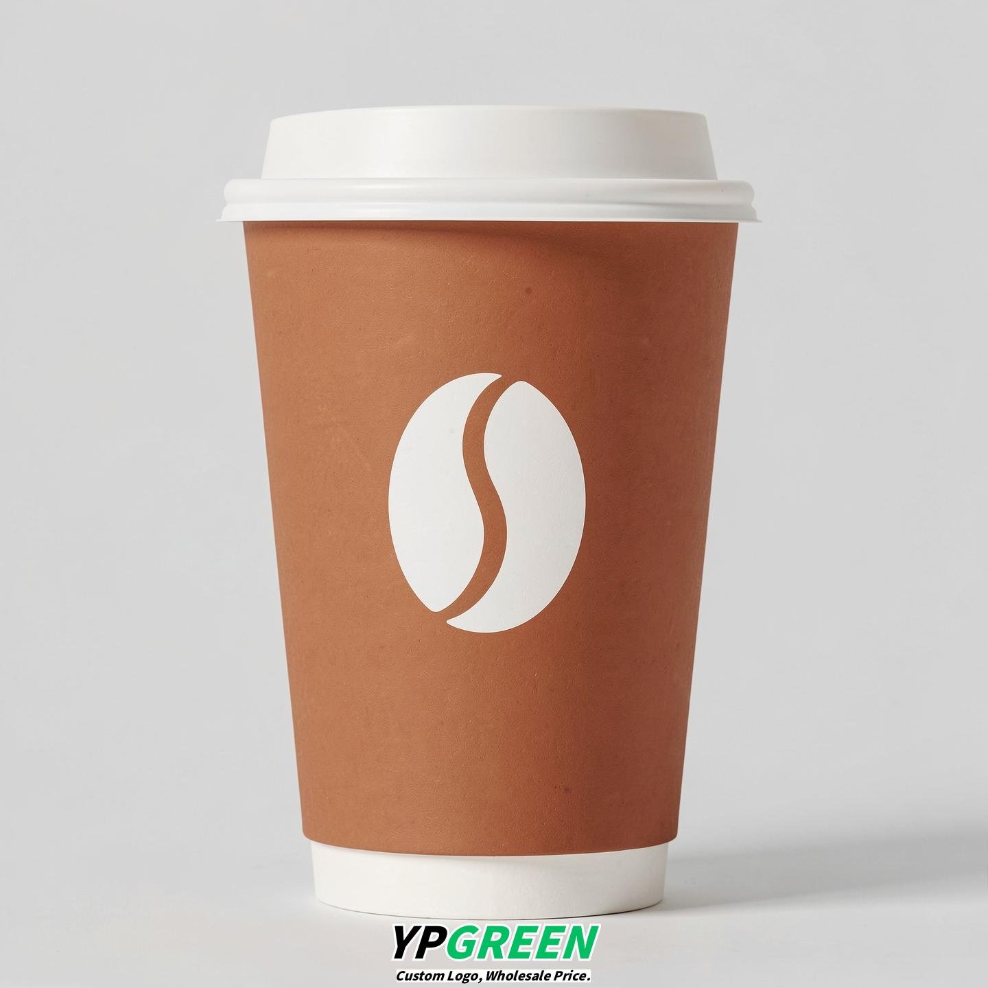 Amber Paper Coffee Cups with Coffee Bean Logo & Lids | 12-16oz