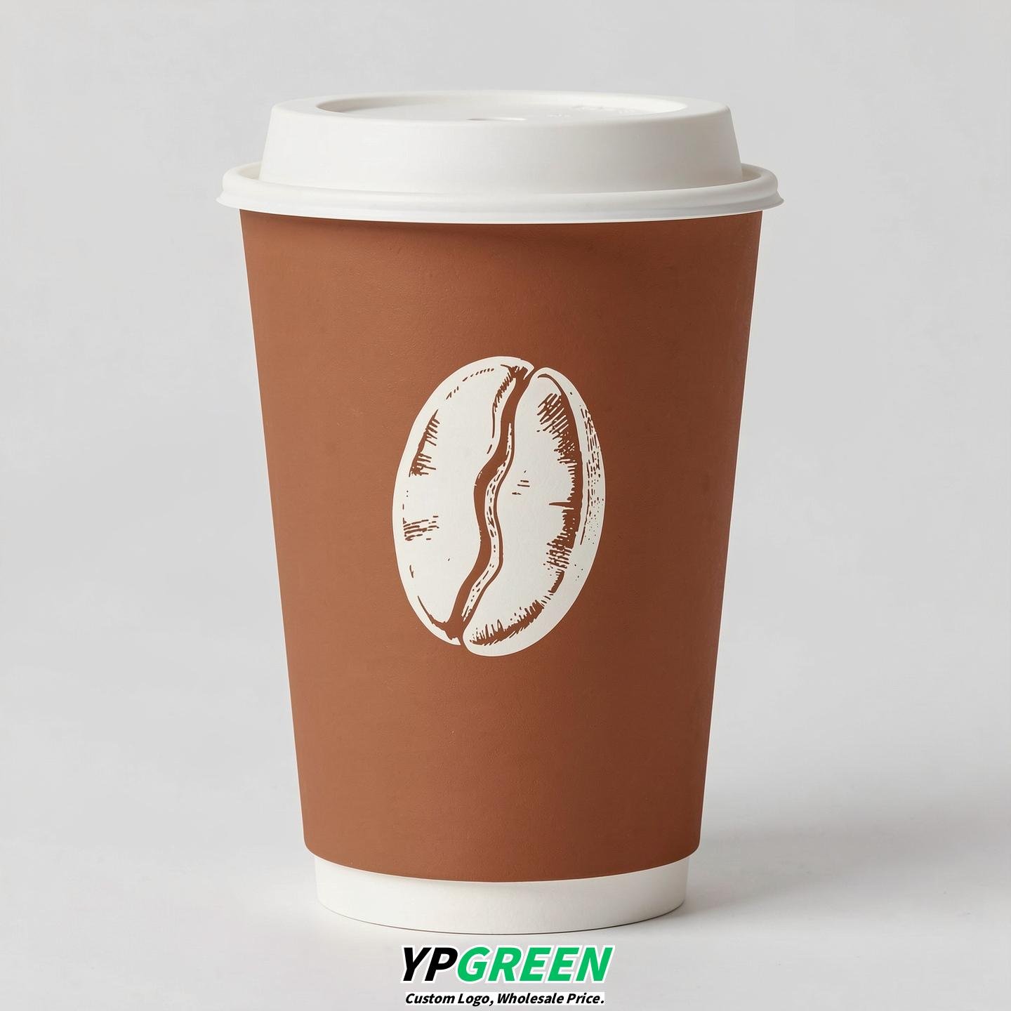 Amber Paper Coffee Cups with Coffee Bean Logo & Lids | 12-16oz