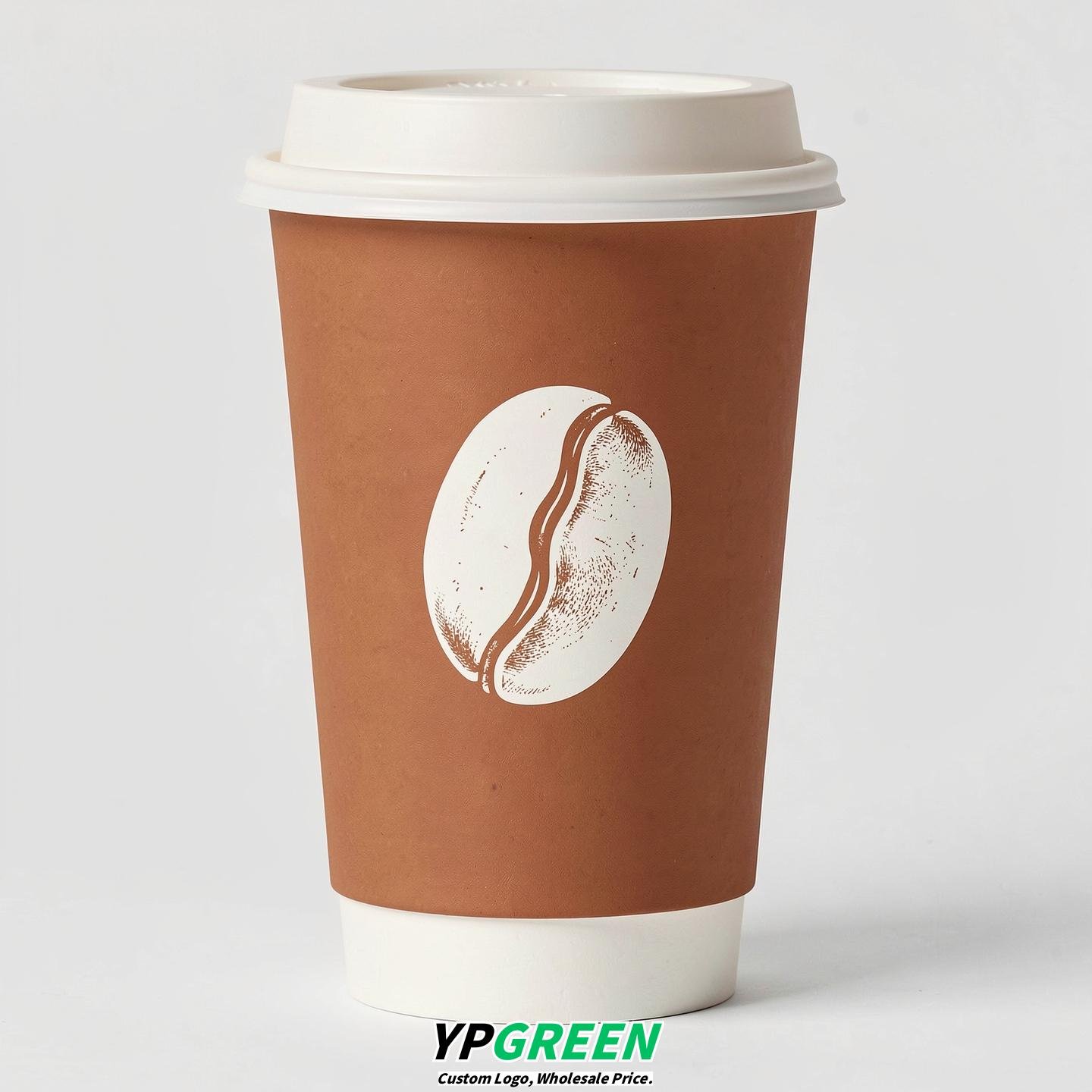Amber Paper Coffee Cups with Coffee Bean Logo & Lids | 12-16oz