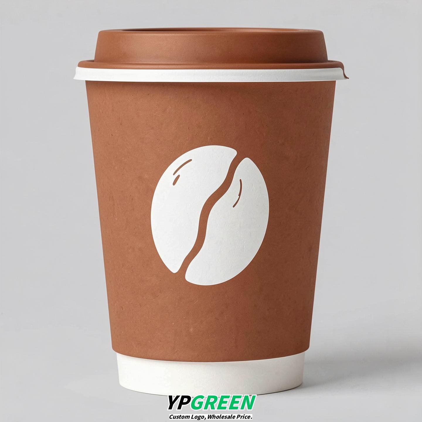 Amber Paper Coffee Cups with Coffee Bean Logo & Lids | 12-16oz
