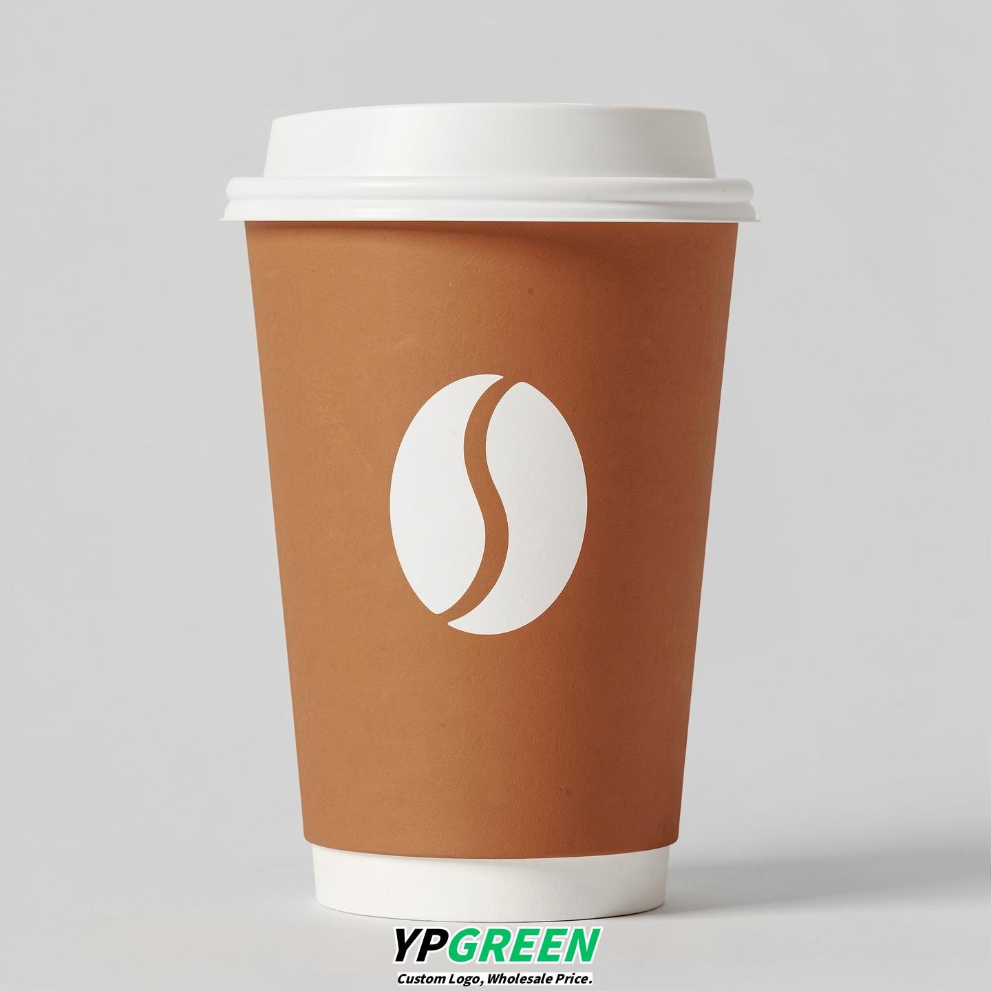Amber Paper Coffee Cups with Coffee Bean Logo & Lids | 12-16oz