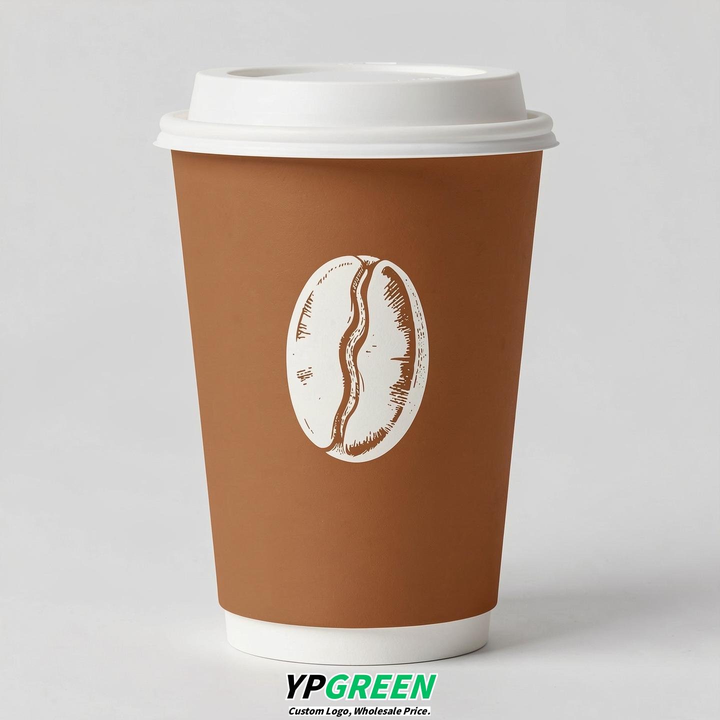 Amber Paper Coffee Cups with Coffee Bean Logo & Lids | 12-16oz
