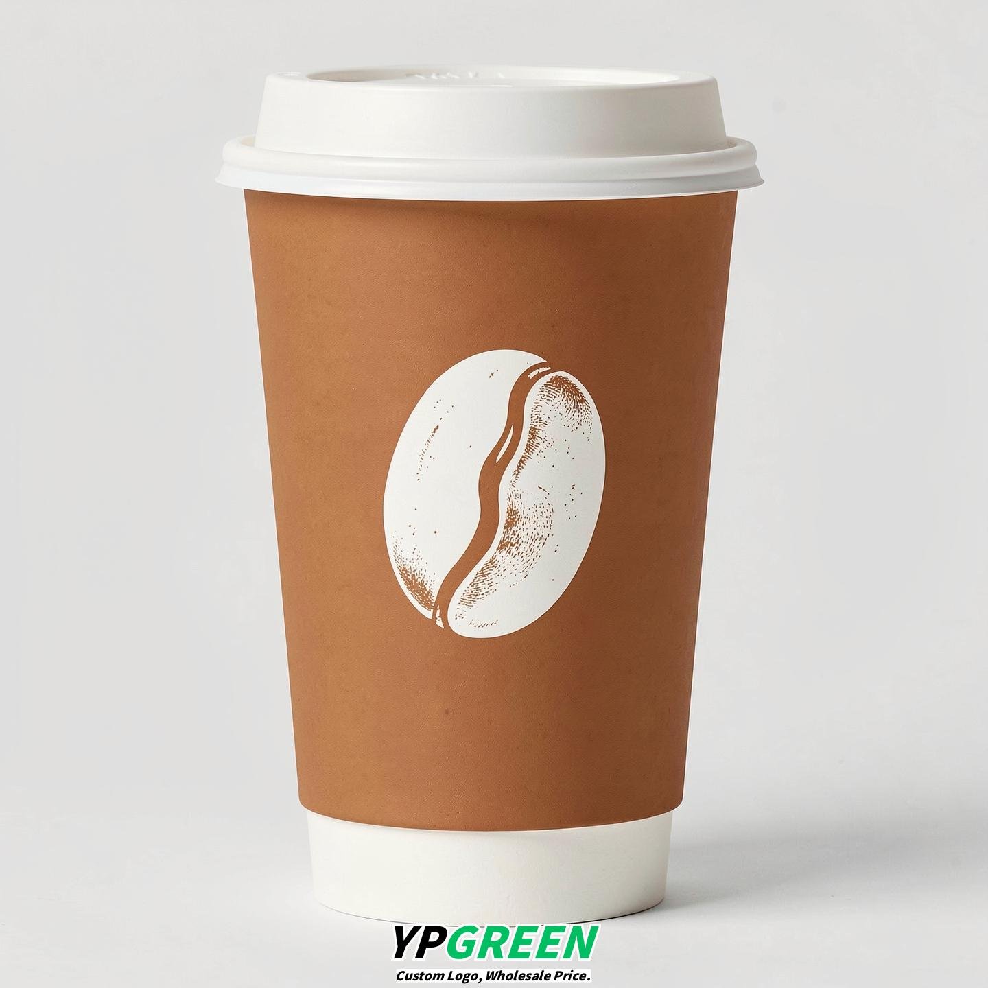 Amber Paper Coffee Cups with Coffee Bean Logo & Lids | 12-16oz