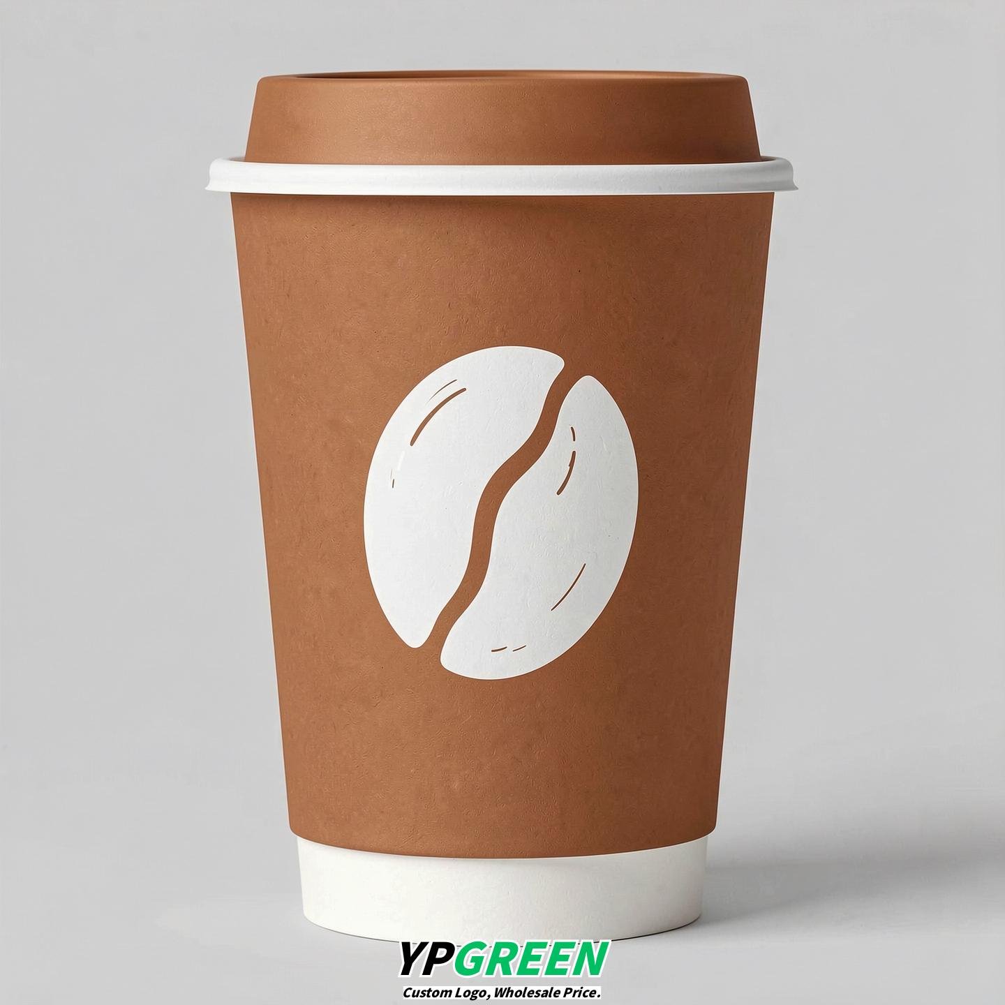 Amber Paper Coffee Cups with Coffee Bean Logo & Lids | 12-16oz