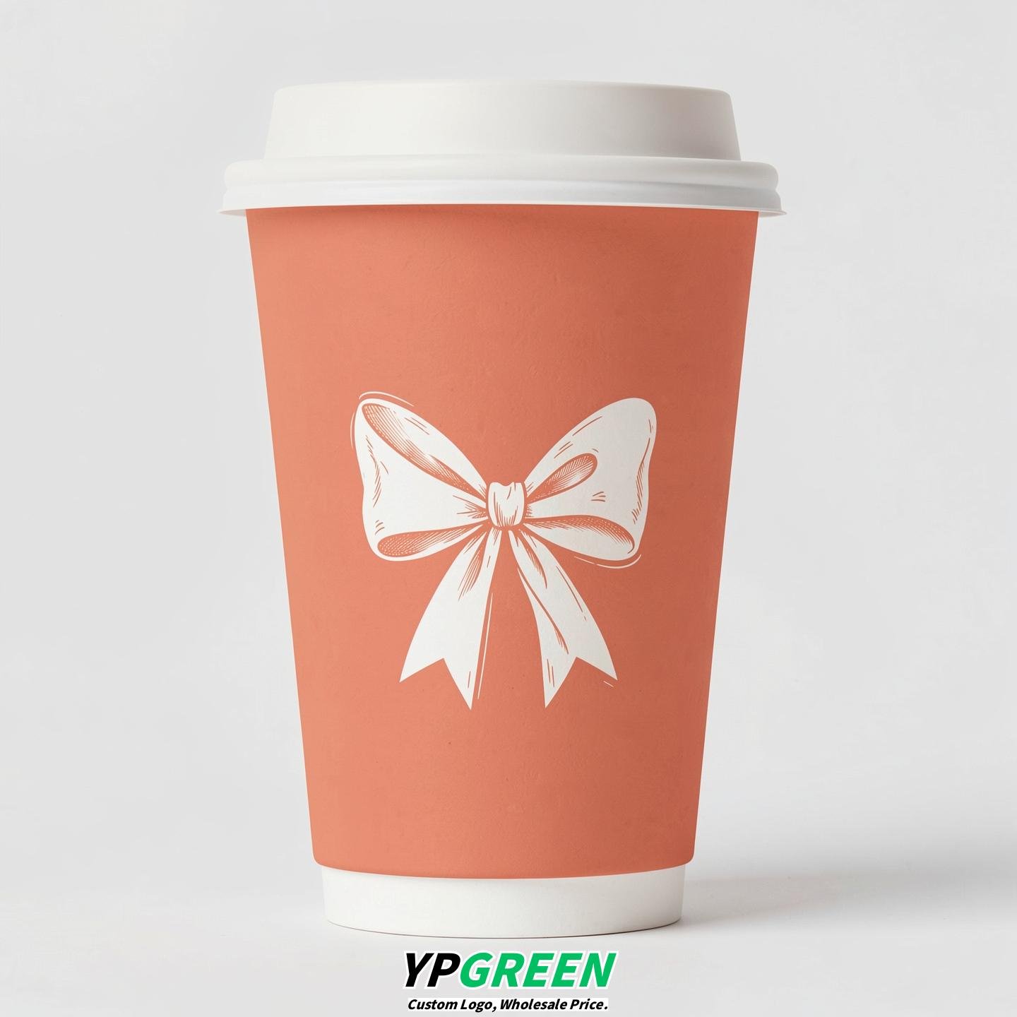 Apricot Paper Cups with Bow Logo & Lids 8-24oz