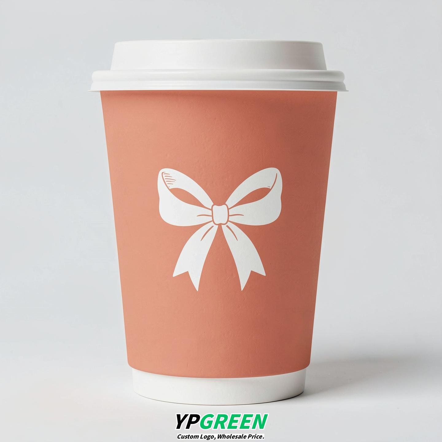 Apricot Paper Cups with Bow Logo & Lids 8-24oz