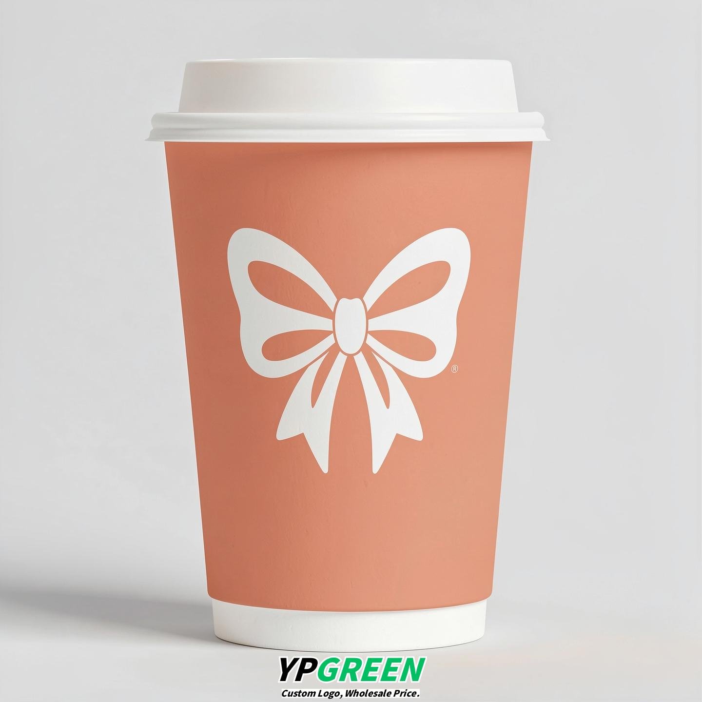 Apricot Paper Cups with Bow Logo & Lids 8-24oz