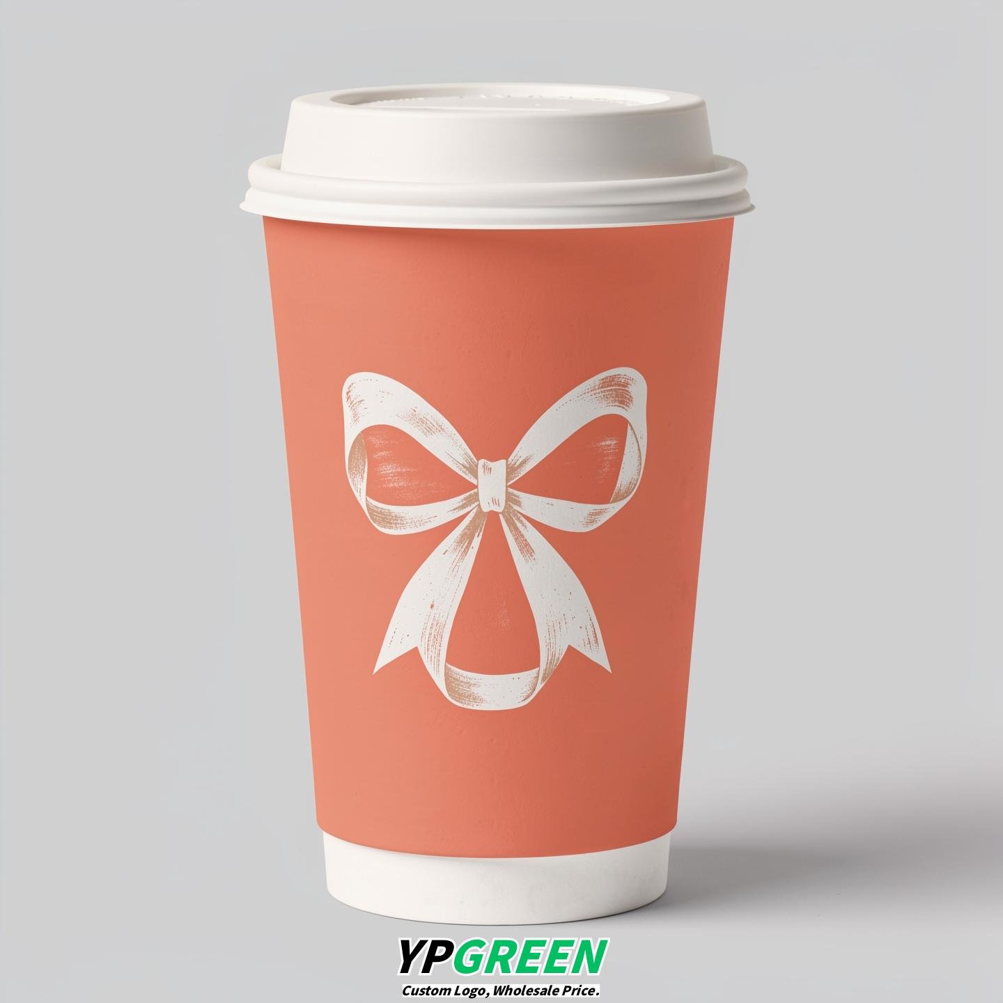 Apricot Paper Cups with Bow Logo & Lids 8-24oz