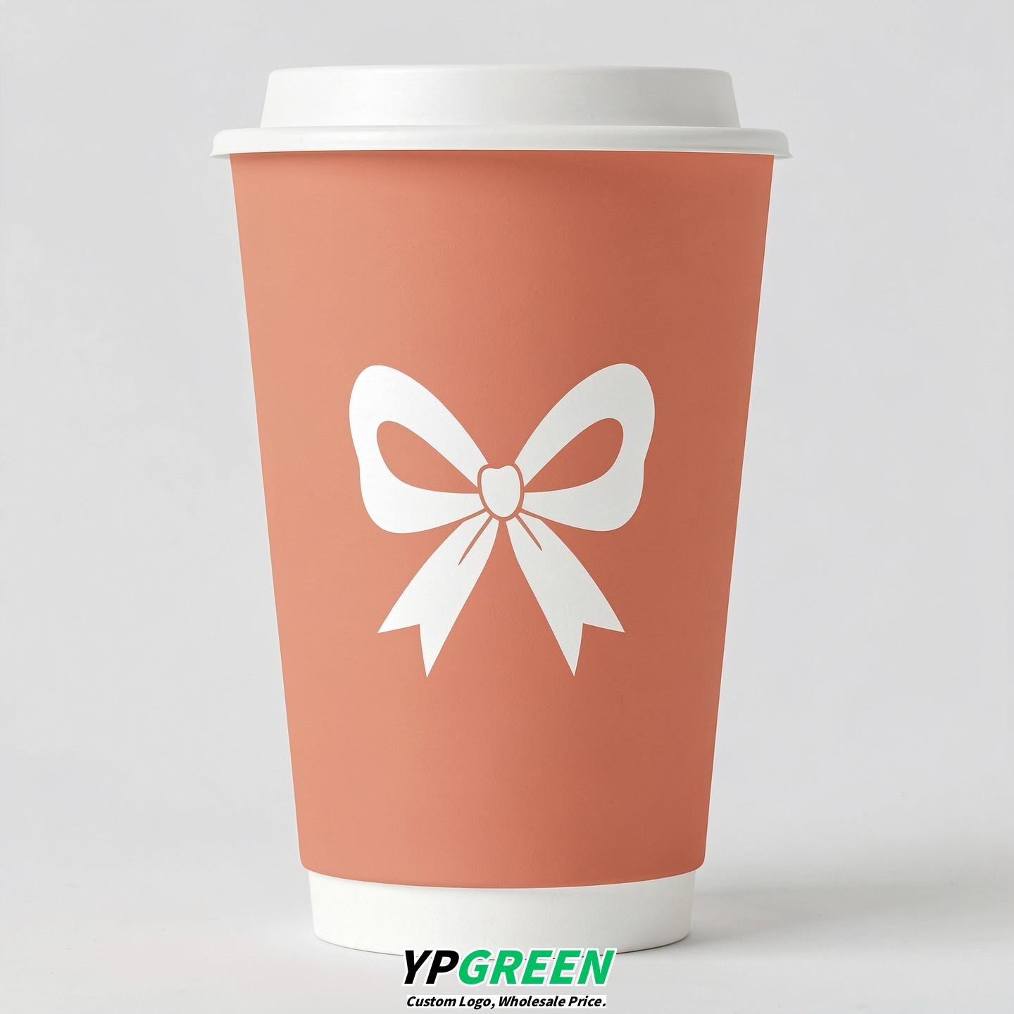 Apricot Paper Cups with Bow Logo & Lids 8-24oz
