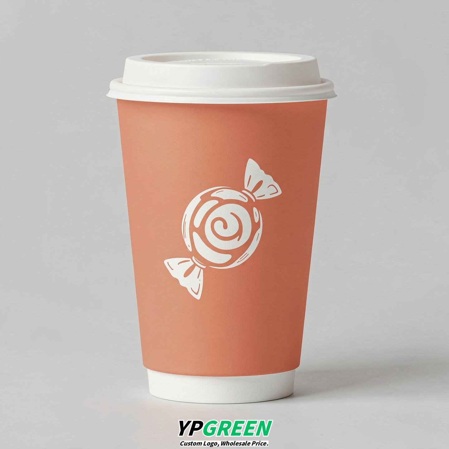 Apricot Paper Cups with Candy Logo & Lids 8-24oz