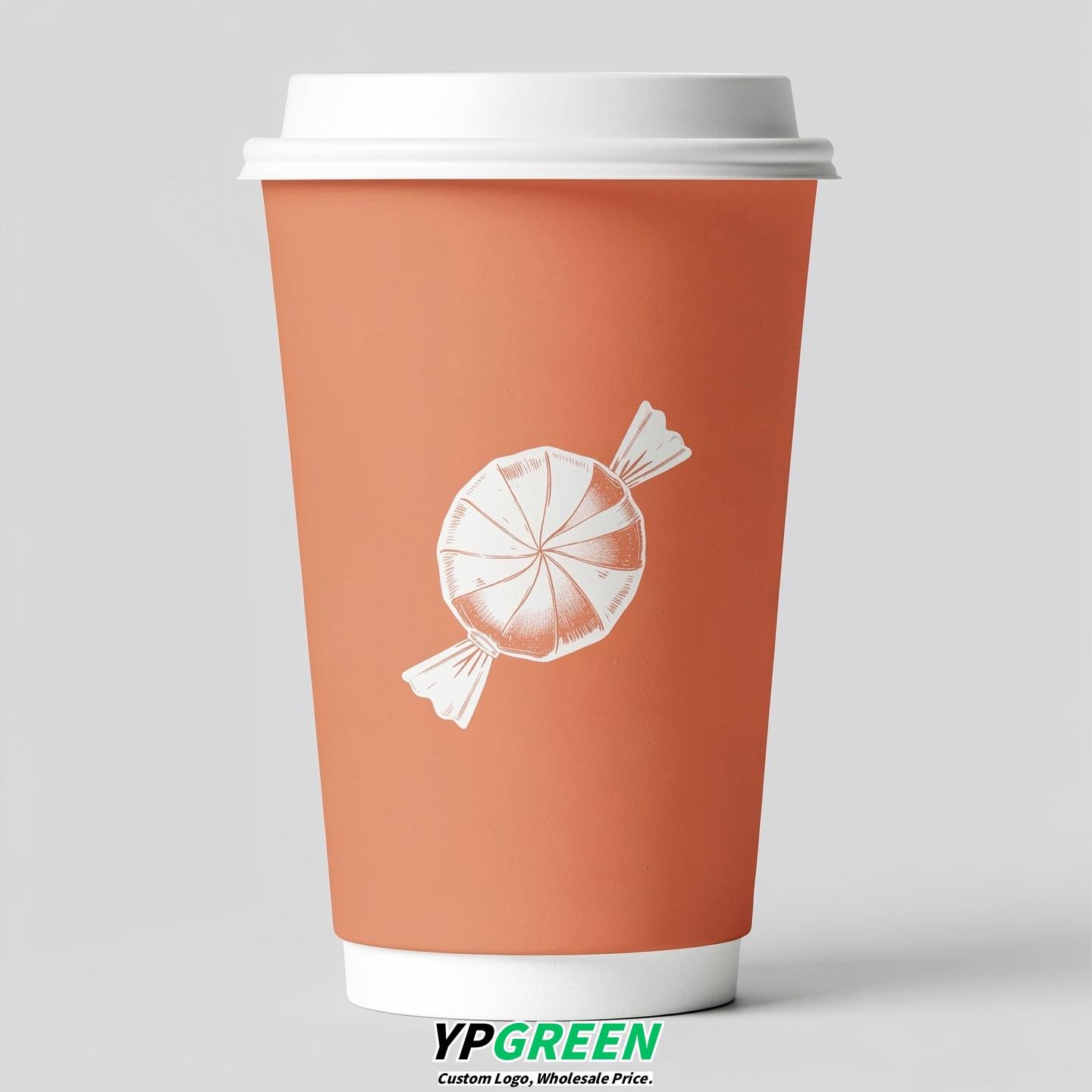 Apricot Paper Cups with Candy Logo & Lids 8-24oz