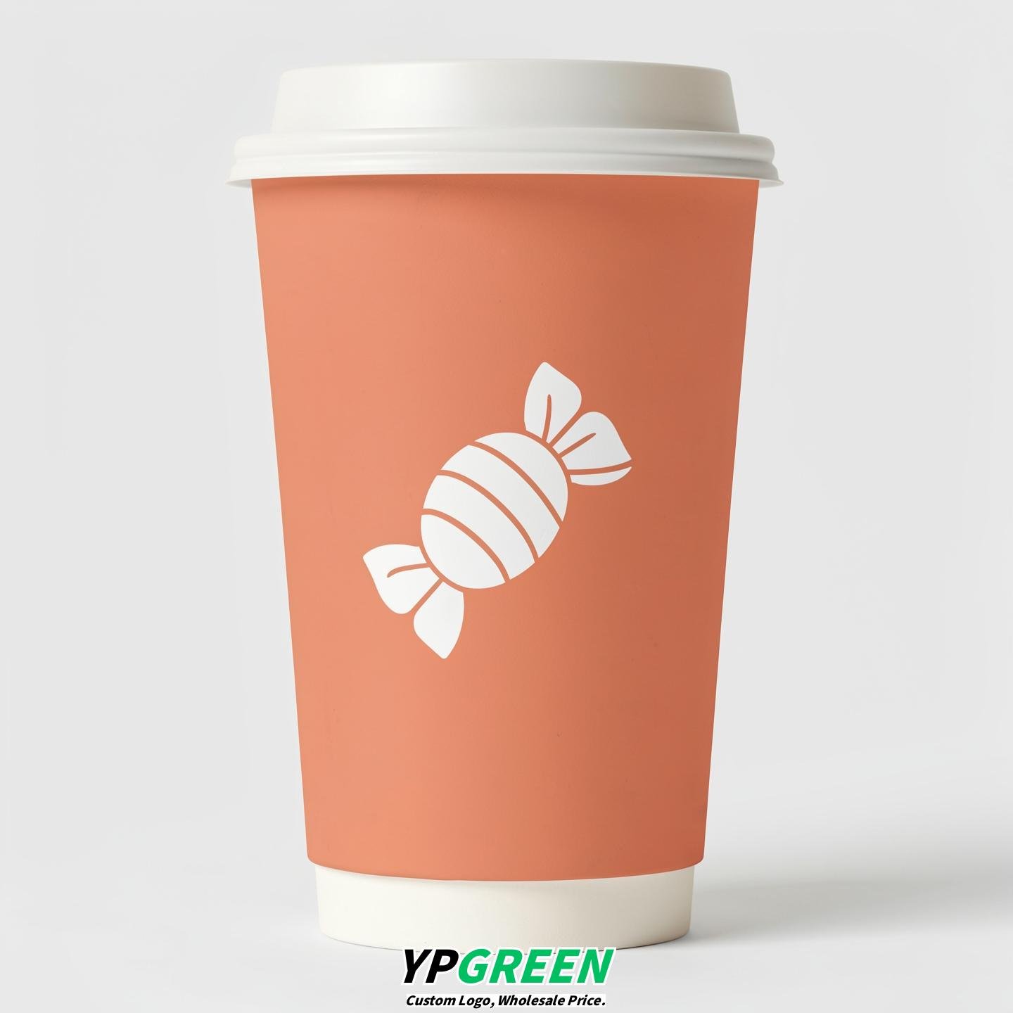 Apricot Paper Cups with Candy Logo & Lids 8-24oz