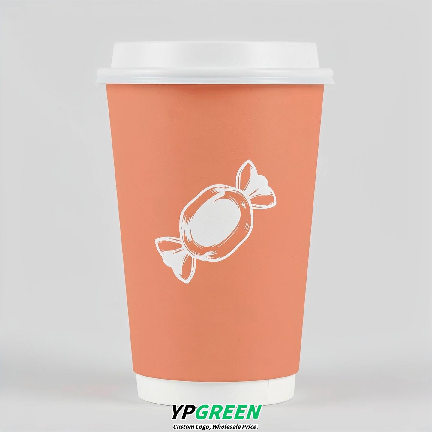Apricot Paper Cups with Candy Logo & Lids 8-24oz