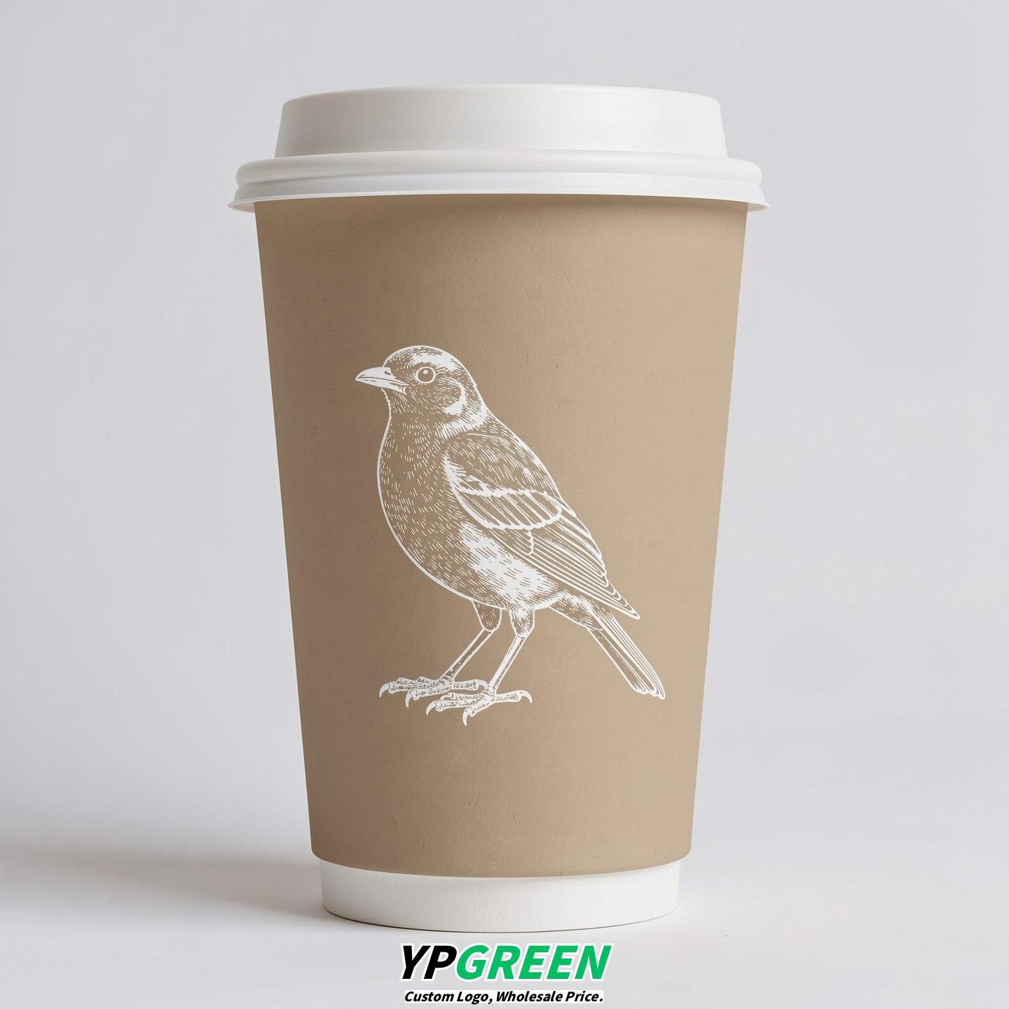 Beige Paper Cups with Bird Logo & Lids 8-24oz