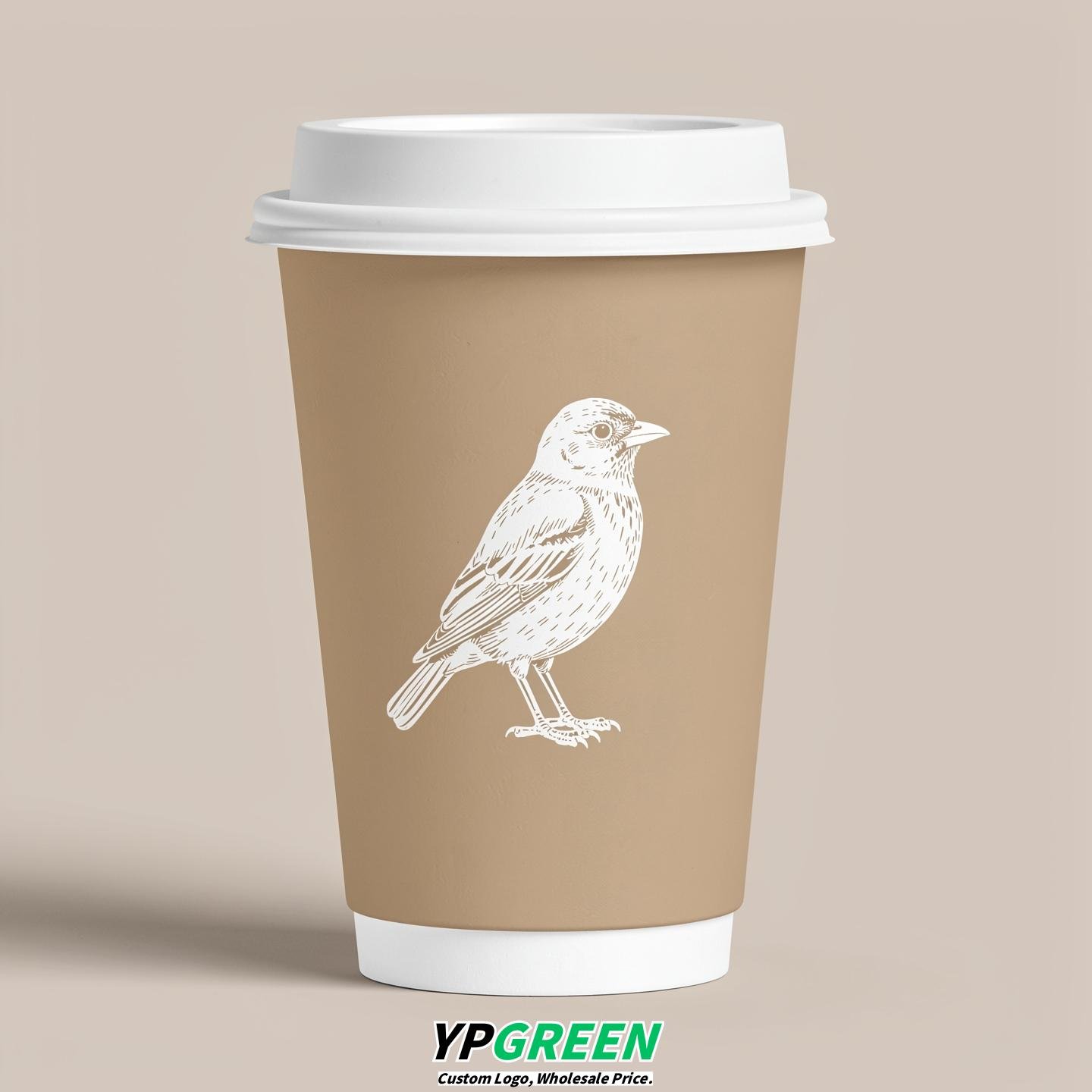 Beige Paper Cups with Bird Logo & Lids 8-24oz