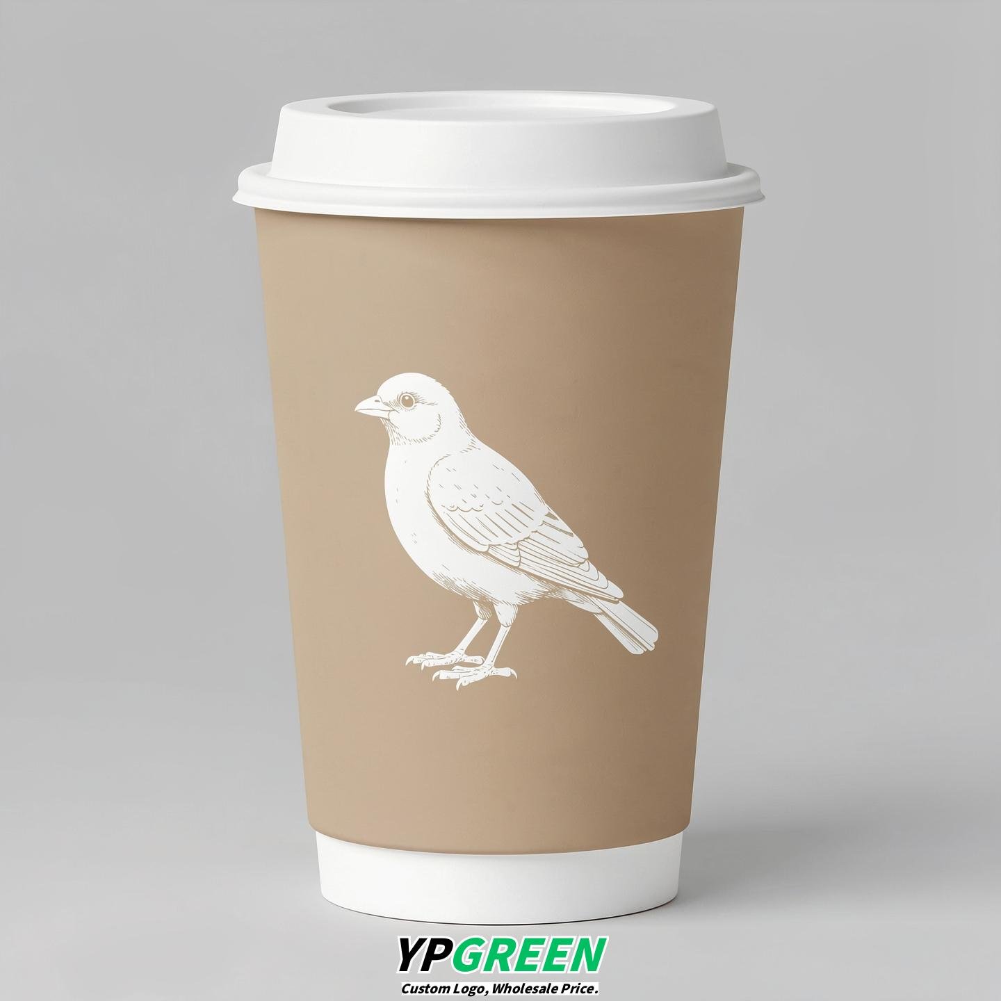 Beige Paper Cups with Bird Logo & Lids 8-24oz