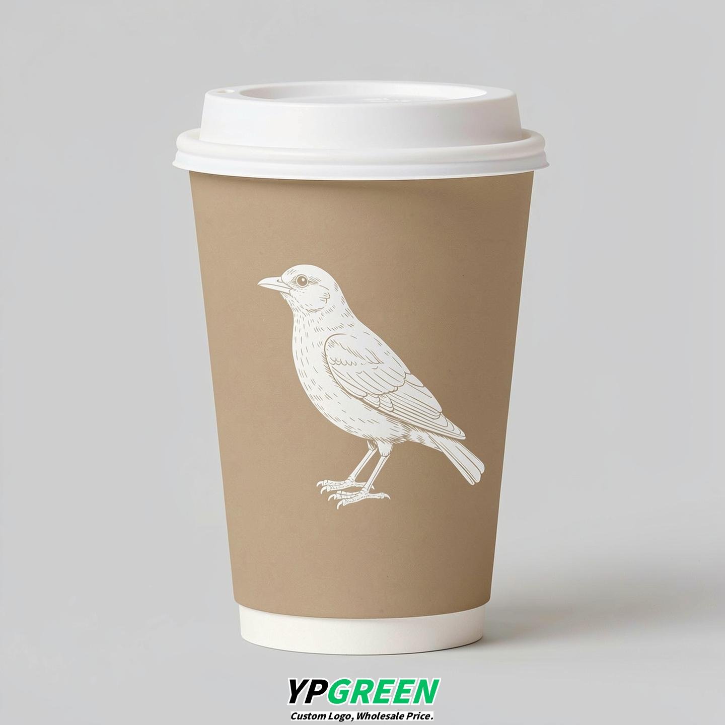 Beige Paper Cups with Bird Logo & Lids 8-24oz