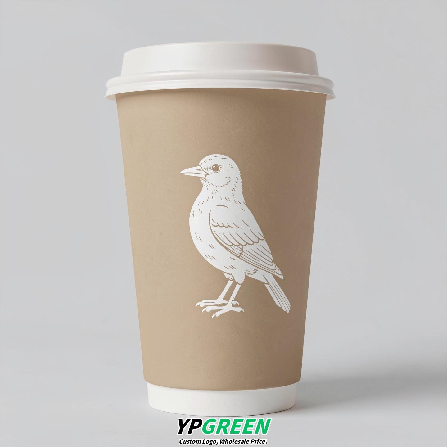 Beige Paper Cups with Bird Logo & Lids 8-24oz