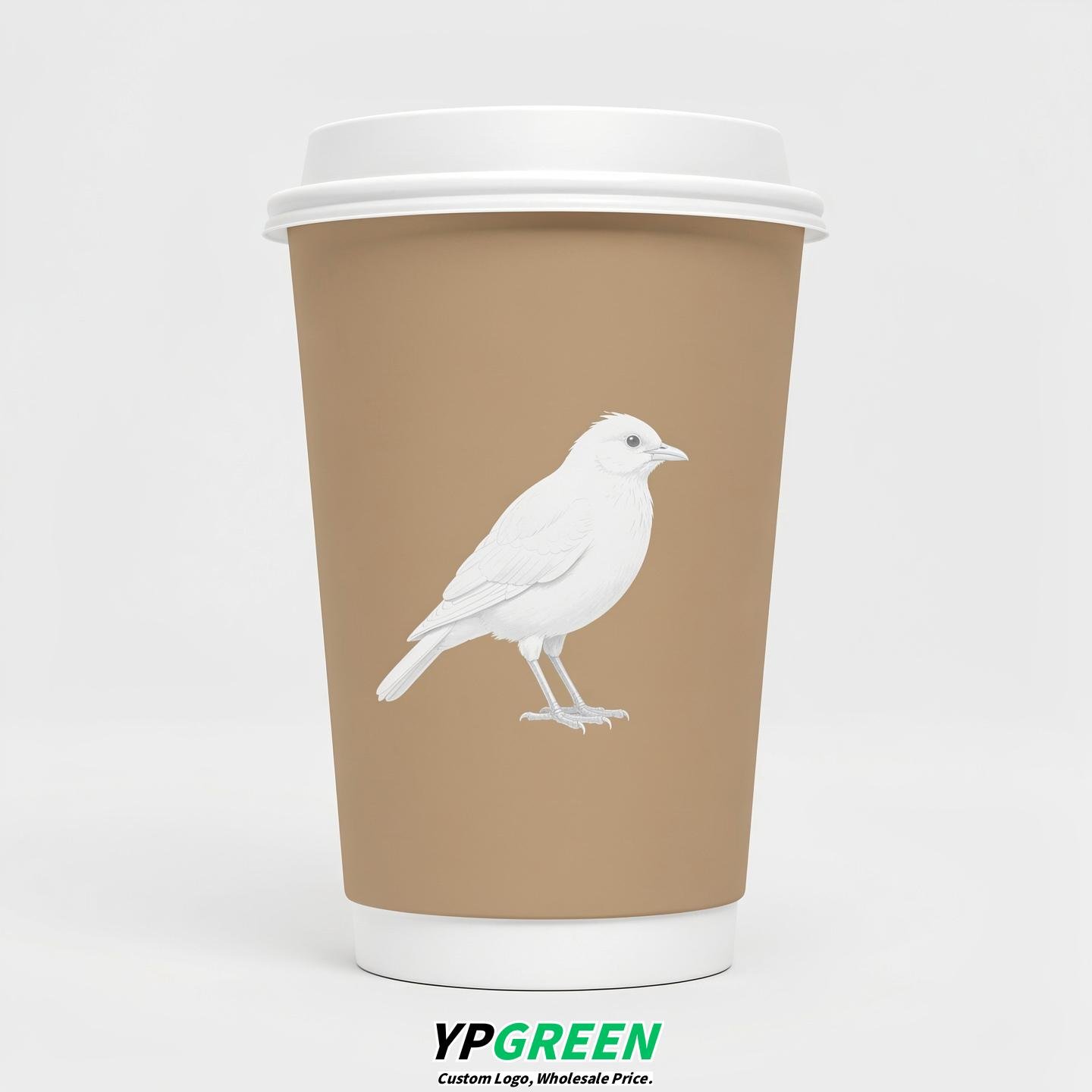 Beige Paper Cups with Bird Logo & Lids 8-24oz