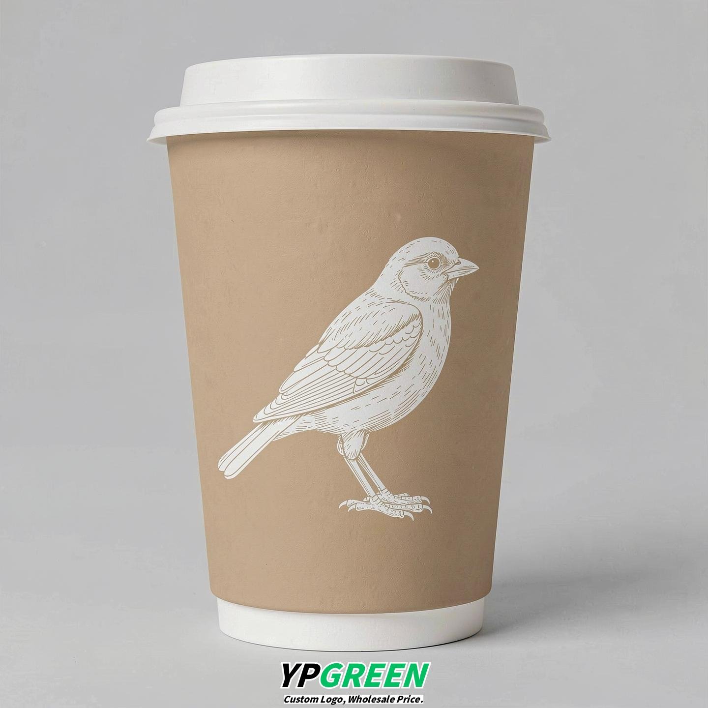 Beige Paper Cups with Bird Logo & Lids 8-24oz