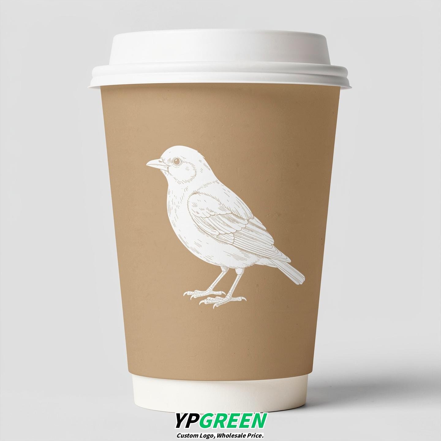 Beige Paper Cups with Bird Logo & Lids 8-24oz